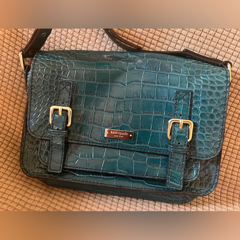 Kate Spade teal croco grain genuine LEATHER purse 10 By 7 By 3 Inch Bag